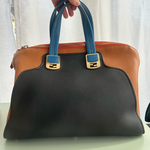 Fendi Black, Brown & Blue Leather Satchel with Gold Hardware - Picture 3 of 11
